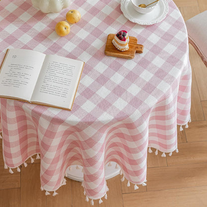 Pink Round Tablecloth, Gingham Cotton Linen Plaid, 60 Inch