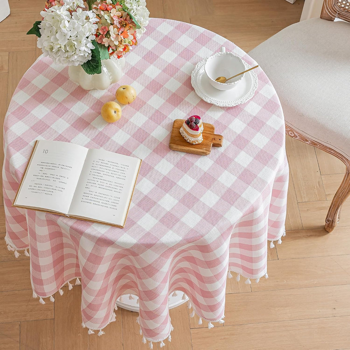 Pink Round Tablecloth, Gingham Cotton Linen Plaid, 60 Inch