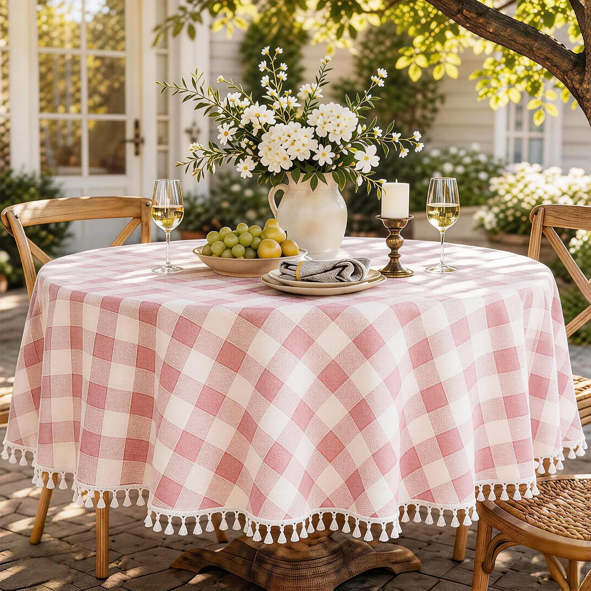 Pink Round Tablecloth, Gingham Cotton Linen Plaid, 60 Inch
