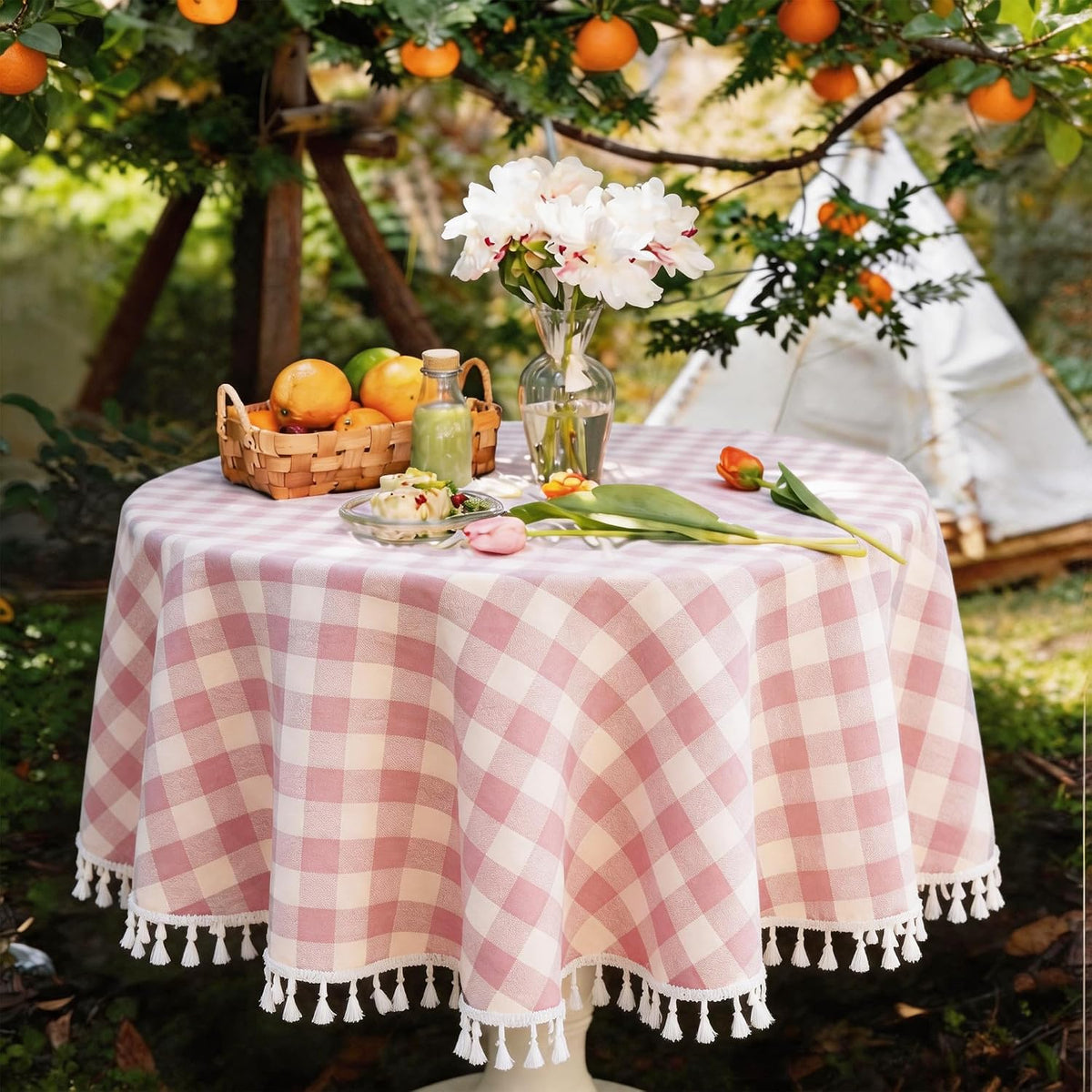 Pink Round Tablecloth, Gingham Cotton Linen Plaid, 60 Inch