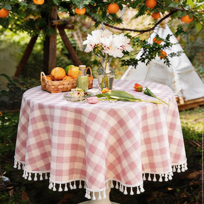 Pink Round Tablecloth, Gingham Cotton Linen Plaid, 60 Inch