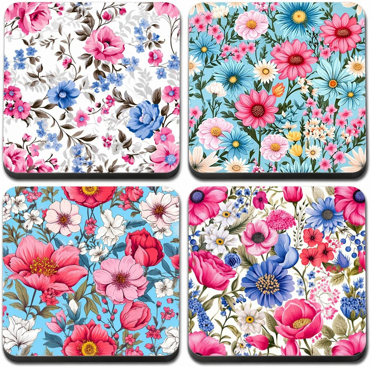 Spring Floral Rubber Coasters Set of 4, Absorbent Drink Coasters with Non‑Slip Rubber Backing, Spring Flower Patterns for Home and Kitchen (Pink Blue)