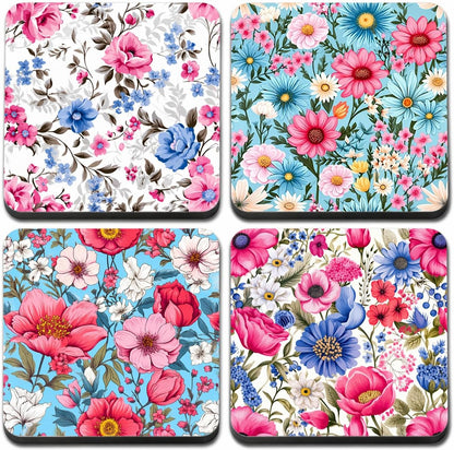Spring Floral Rubber Coasters Set of 4, Absorbent Drink Coasters with Non‑Slip Rubber Backing, Spring Flower Patterns for Home and Kitchen (Pink Blue)