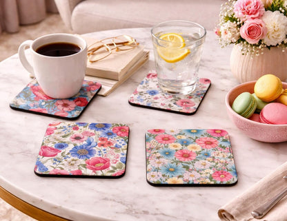 Spring Floral Rubber Coasters Set of 4, Absorbent Drink Coasters with Non‑Slip Rubber Backing, Spring Flower Patterns for Home and Kitchen (Pink Blue)