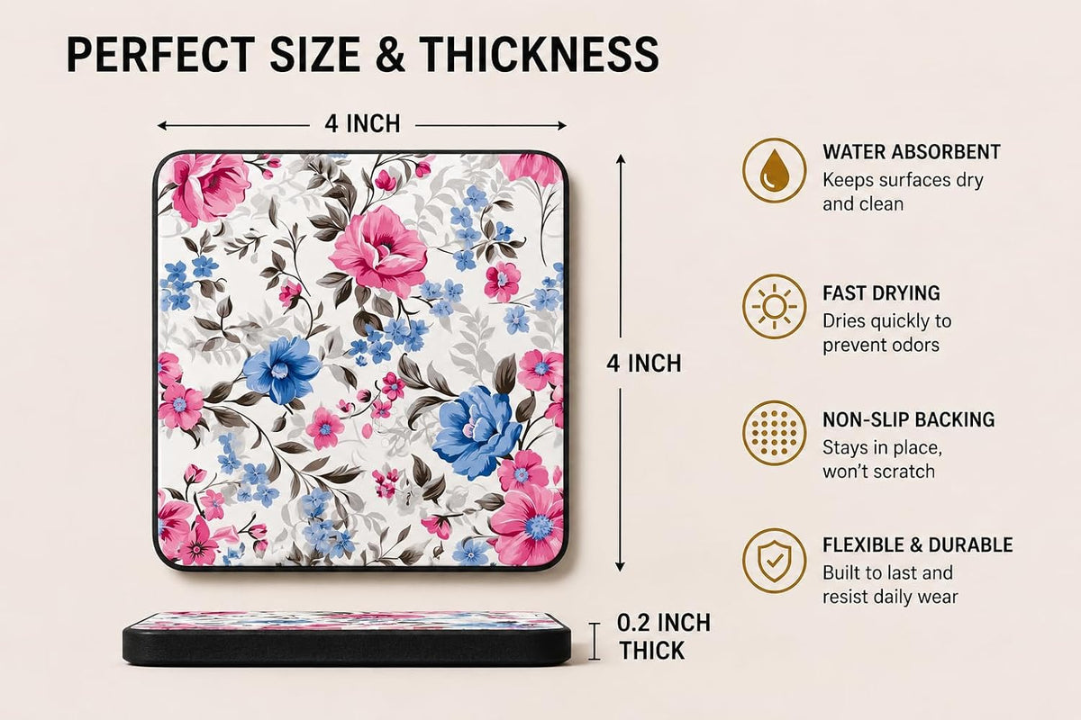 Spring Floral Rubber Coasters Set of 4, Absorbent Drink Coasters with Non‑Slip Rubber Backing, Spring Flower Patterns for Home and Kitchen (Pink Blue)