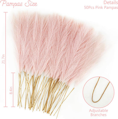 obbsie 150PCS Pink Faux Pampas Grass Decor, 21.6" Fluffy Vase Filler