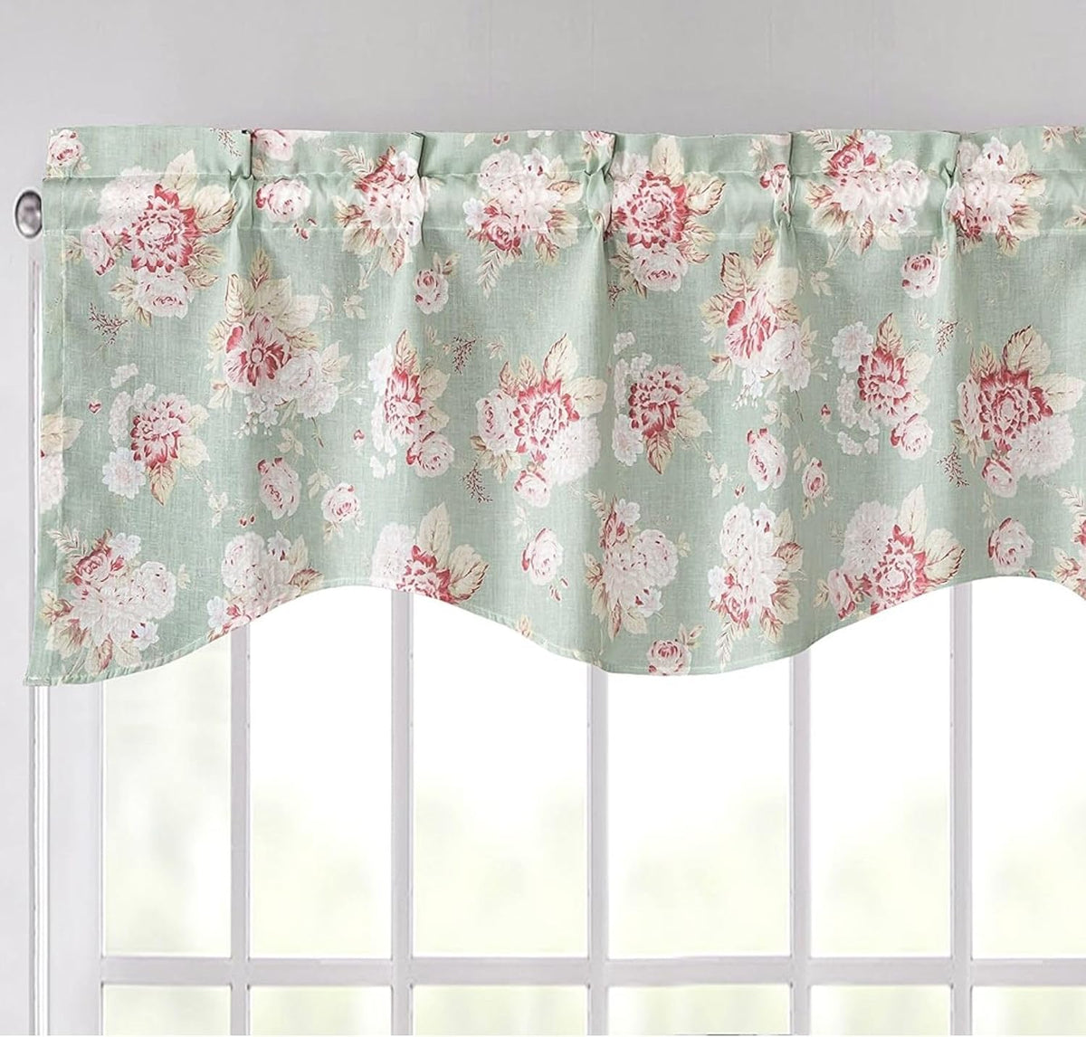 DaDa Bedding Floral Window Curtain Valance - Semi Sheer Natural Lighting Botanical Scalloped Tailored Edge - Hint of Mint Dainty Light Pastel Seafoam Green Pink Roses Kitchen Decor - 18" x 52"