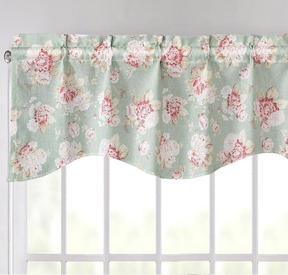 DaDa Bedding Floral Window Curtain Valance - Semi Sheer Natural Lighting Botanical Scalloped Tailored Edge - Hint of Mint Dainty Light Pastel Seafoam Green Pink Roses Kitchen Decor - 18" x 52"