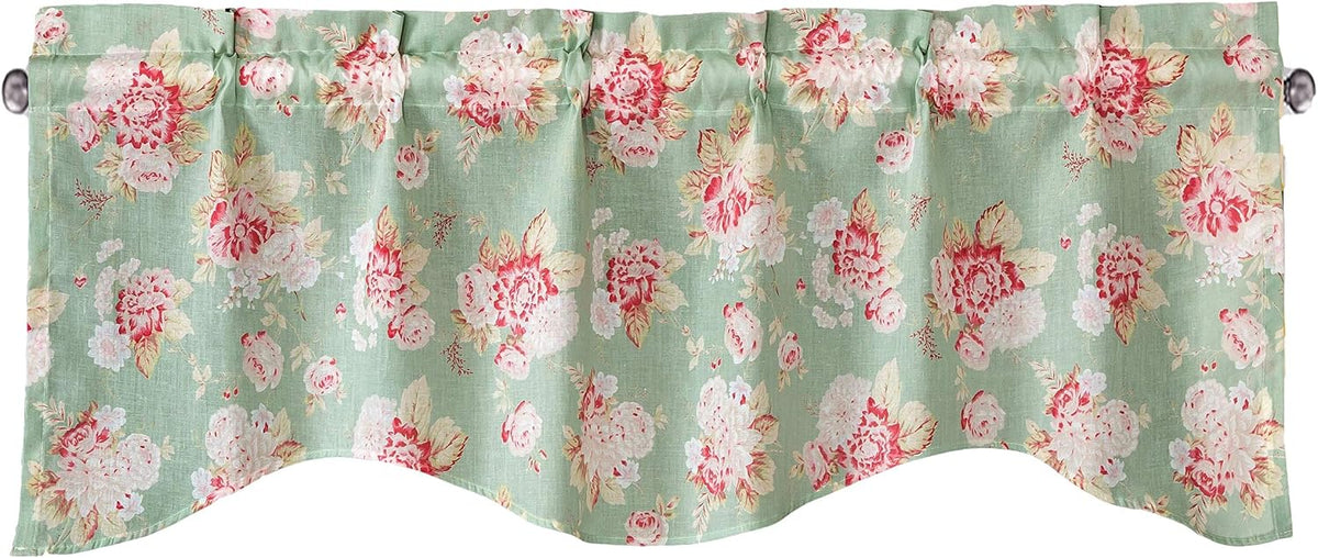 DaDa Bedding Floral Window Curtain Valance - Semi Sheer Natural Lighting Botanical Scalloped Tailored Edge - Hint of Mint Dainty Light Pastel Seafoam Green Pink Roses Kitchen Decor - 18" x 52"