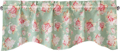 DaDa Bedding Floral Window Curtain Valance - Semi Sheer Natural Lighting Botanical Scalloped Tailored Edge - Hint of Mint Dainty Light Pastel Seafoam Green Pink Roses Kitchen Decor - 18" x 52"