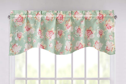 DaDa Bedding Floral Window Curtain Valance - Semi Sheer Natural Lighting Botanical Scalloped Tailored Edge - Hint of Mint Dainty Light Pastel Seafoam Green Pink Roses Kitchen Decor - 18" x 52"