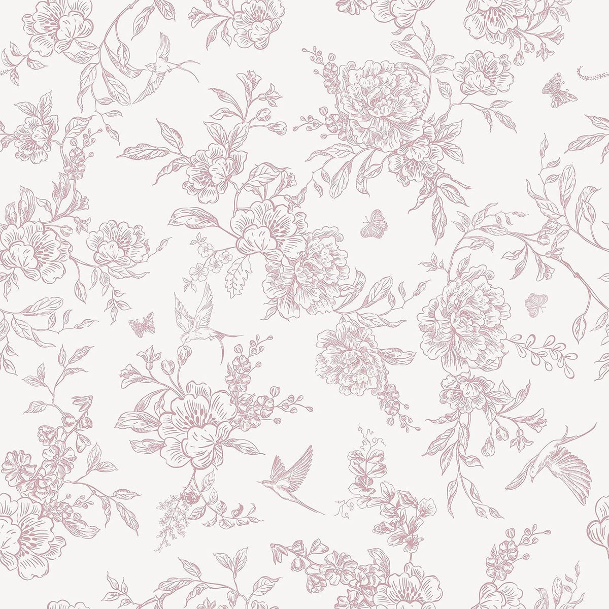 Dusty Pink Chinoiserie Floral Peel and Stick Wallpaper Vintage Toile Wallpaper 17.7''x118'' Self Adhesive Contact Paper Removable Cottage Bird Flower Wall Paper for Bedroom Nursery Bathroom