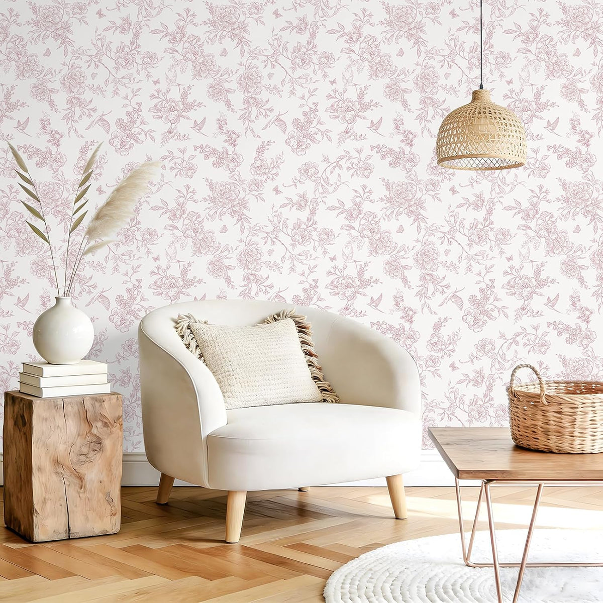 Dusty Pink Chinoiserie Floral Peel and Stick Wallpaper Vintage Toile Wallpaper 17.7''x118'' Self Adhesive Contact Paper Removable Cottage Bird Flower Wall Paper for Bedroom Nursery Bathroom