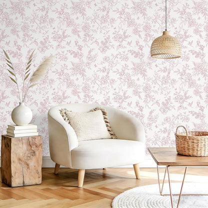Dusty Pink Chinoiserie Floral Peel and Stick Wallpaper Vintage Toile Wallpaper 17.7''x118'' Self Adhesive Contact Paper Removable Cottage Bird Flower Wall Paper for Bedroom Nursery Bathroom