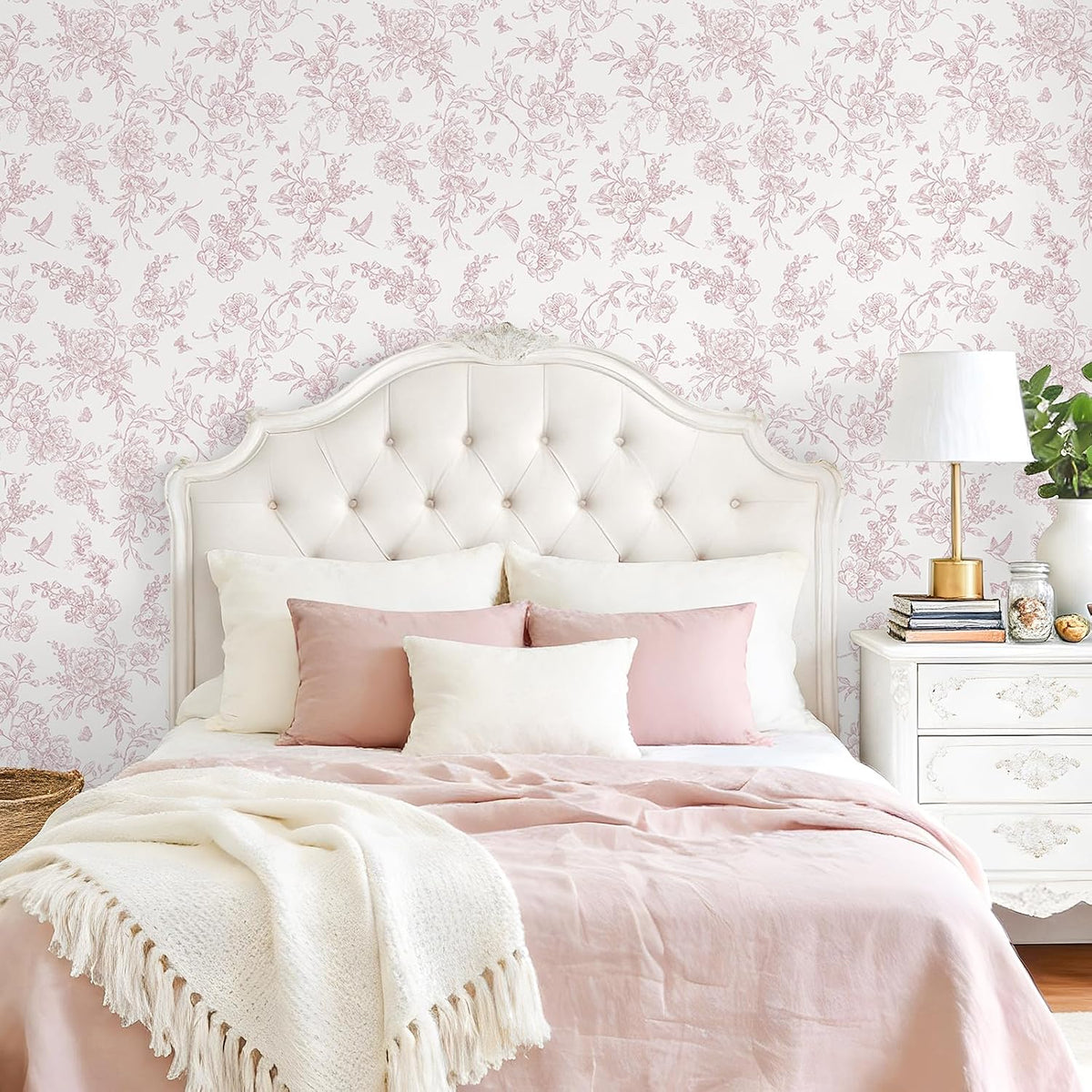 Dusty Pink Chinoiserie Floral Peel and Stick Wallpaper Vintage Toile Wallpaper 17.7''x118'' Self Adhesive Contact Paper Removable Cottage Bird Flower Wall Paper for Bedroom Nursery Bathroom