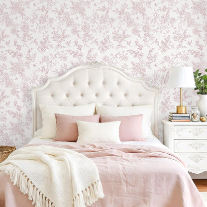 Dusty Pink Chinoiserie Floral Peel and Stick Wallpaper Vintage Toile Wallpaper 17.7''x118'' Self Adhesive Contact Paper Removable Cottage Bird Flower Wall Paper for Bedroom Nursery Bathroom