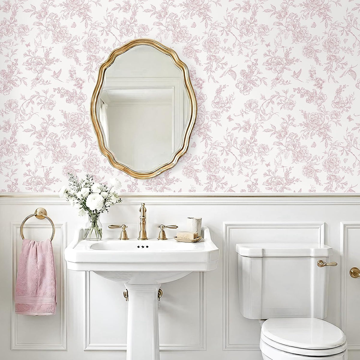 Dusty Pink Chinoiserie Floral Peel and Stick Wallpaper Vintage Toile Wallpaper 17.7''x118'' Self Adhesive Contact Paper Removable Cottage Bird Flower Wall Paper for Bedroom Nursery Bathroom