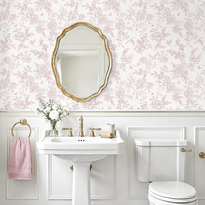 Dusty Pink Chinoiserie Floral Peel and Stick Wallpaper Vintage Toile Wallpaper 17.7''x118'' Self Adhesive Contact Paper Removable Cottage Bird Flower Wall Paper for Bedroom Nursery Bathroom