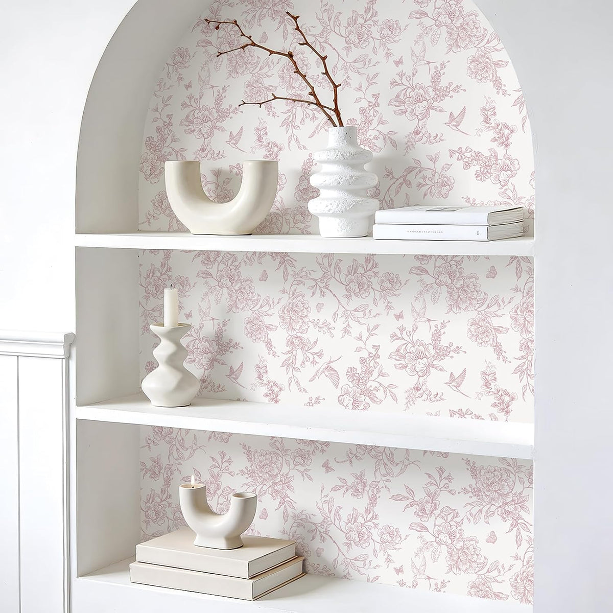 Dusty Pink Chinoiserie Floral Peel and Stick Wallpaper Vintage Toile Wallpaper 17.7''x118'' Self Adhesive Contact Paper Removable Cottage Bird Flower Wall Paper for Bedroom Nursery Bathroom