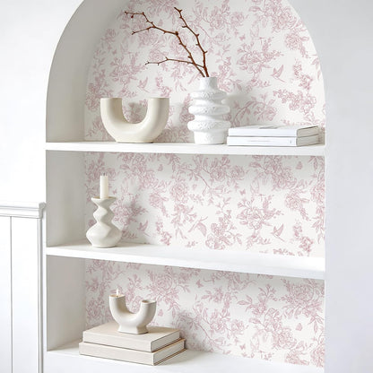 Dusty Pink Chinoiserie Floral Peel and Stick Wallpaper Vintage Toile Wallpaper 17.7''x118'' Self Adhesive Contact Paper Removable Cottage Bird Flower Wall Paper for Bedroom Nursery Bathroom