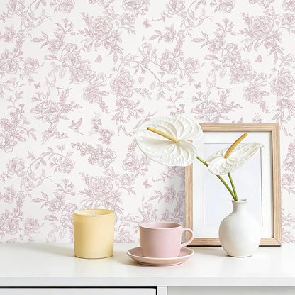 Dusty Pink Chinoiserie Floral Peel and Stick Wallpaper Vintage Toile Wallpaper 17.7''x118'' Self Adhesive Contact Paper Removable Cottage Bird Flower Wall Paper for Bedroom Nursery Bathroom