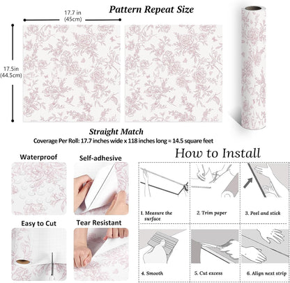 Dusty Pink Chinoiserie Floral Peel and Stick Wallpaper Vintage Toile Wallpaper 17.7''x118'' Self Adhesive Contact Paper Removable Cottage Bird Flower Wall Paper for Bedroom Nursery Bathroom