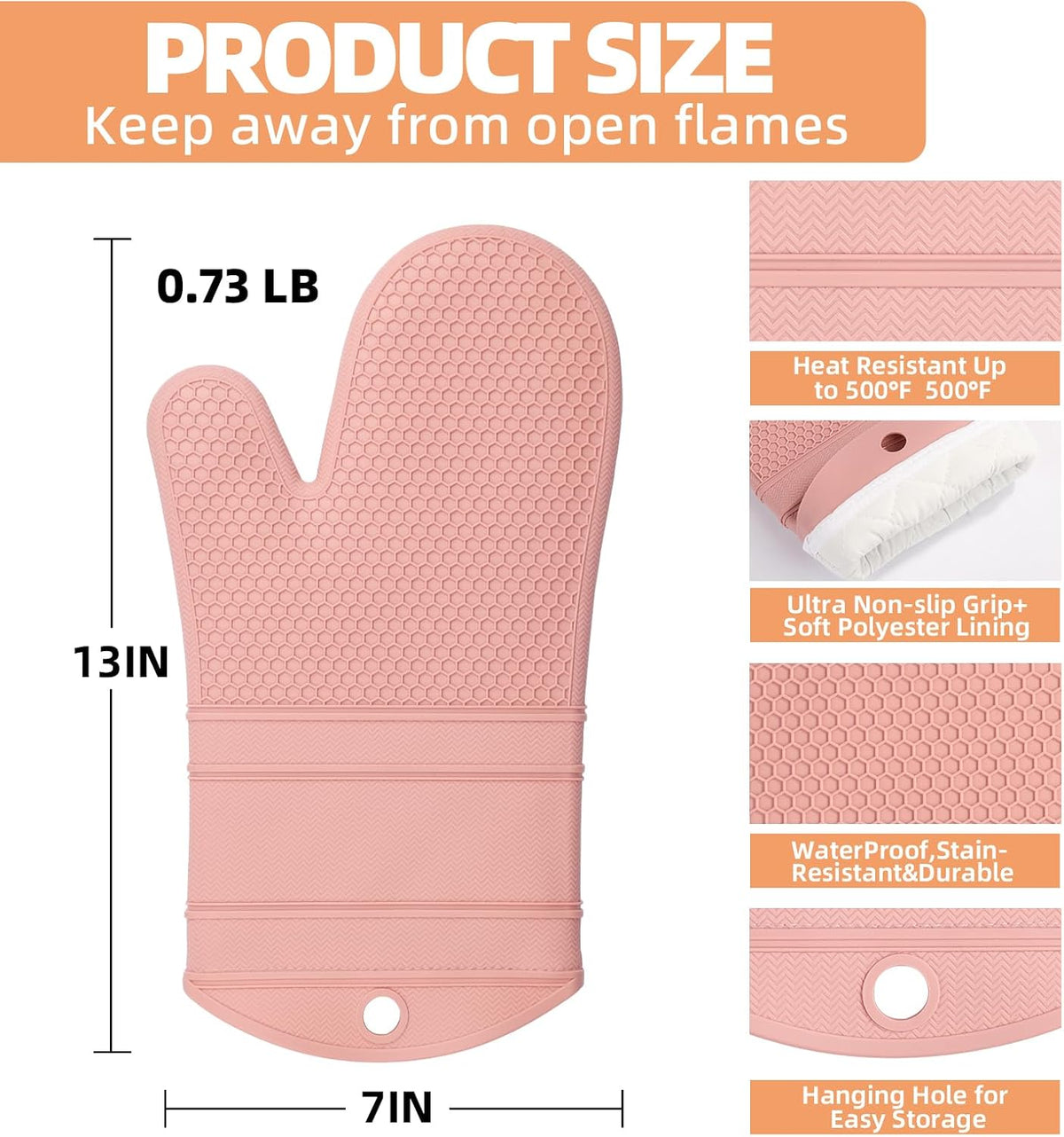 Silicone Oven Mitts Kitchen Potholder Set - Perfect for Baking and Cooking,Pink,2 Pcs Set