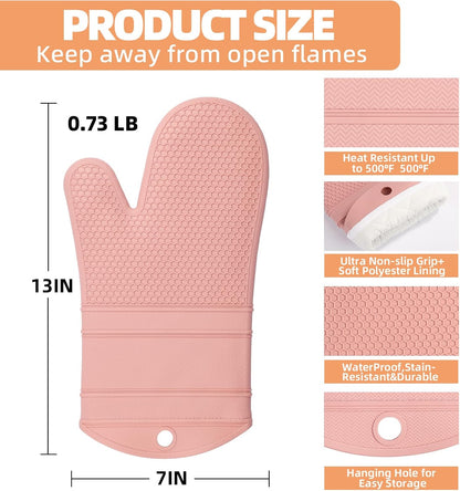 Silicone Oven Mitts Kitchen Potholder Set - Perfect for Baking and Cooking,Pink,2 Pcs Set