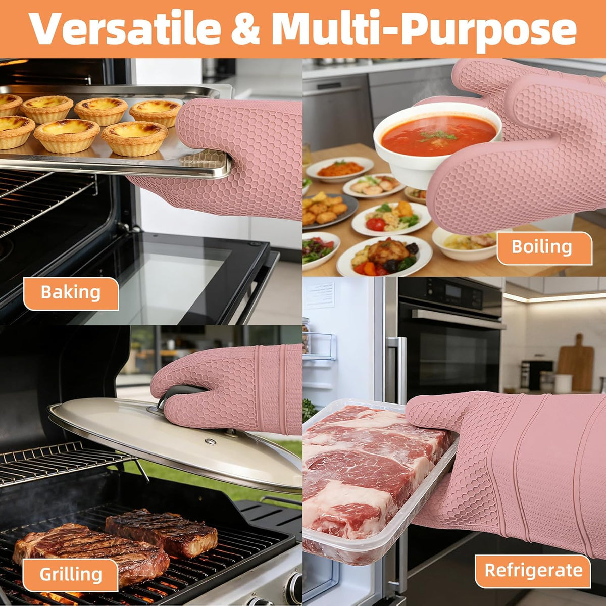 Silicone Oven Mitts Kitchen Potholder Set - Perfect for Baking and Cooking,Pink,2 Pcs Set