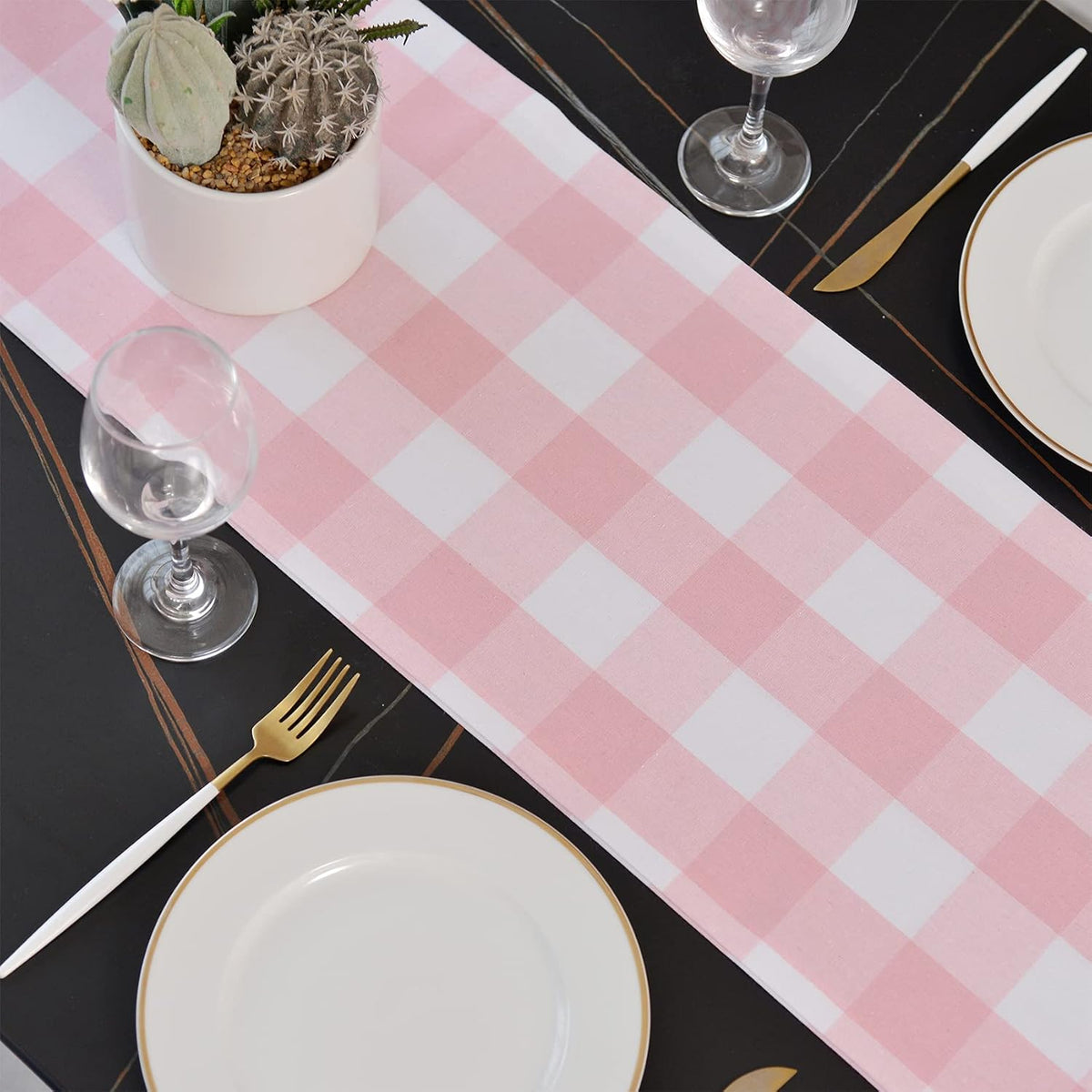 Pink & White 2 Side Buffalo Check Farmhouse Table Runner for Family Dinners or Gatherings, Indoor or Outdoor Parties, Everyday Use (12" x 48")