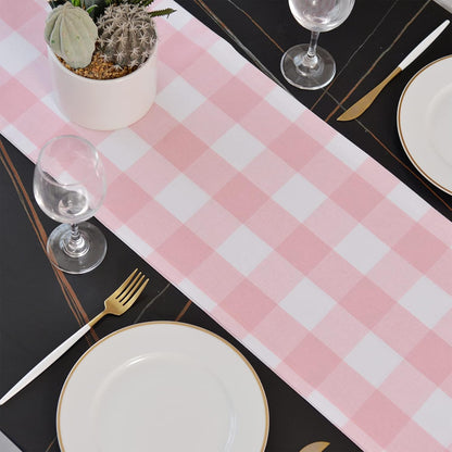 Pink & White 2 Side Buffalo Check Farmhouse Table Runner for Family Dinners or Gatherings, Indoor or Outdoor Parties, Everyday Use (12" x 48")