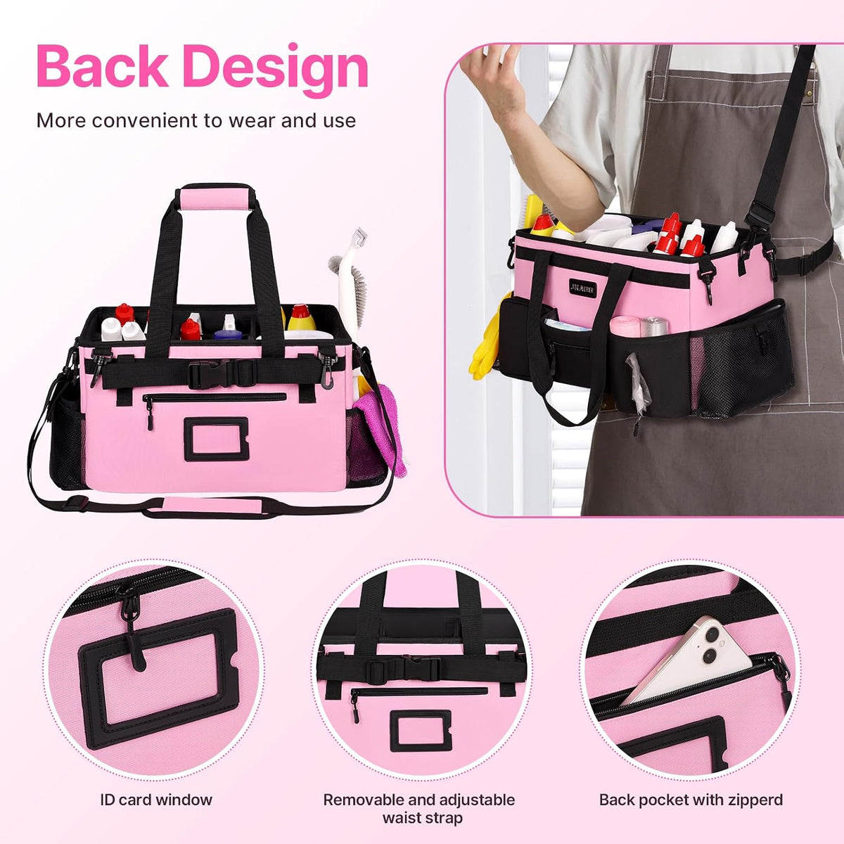 Large Wearable Cleaning Caddy Bag with Handles, Pink