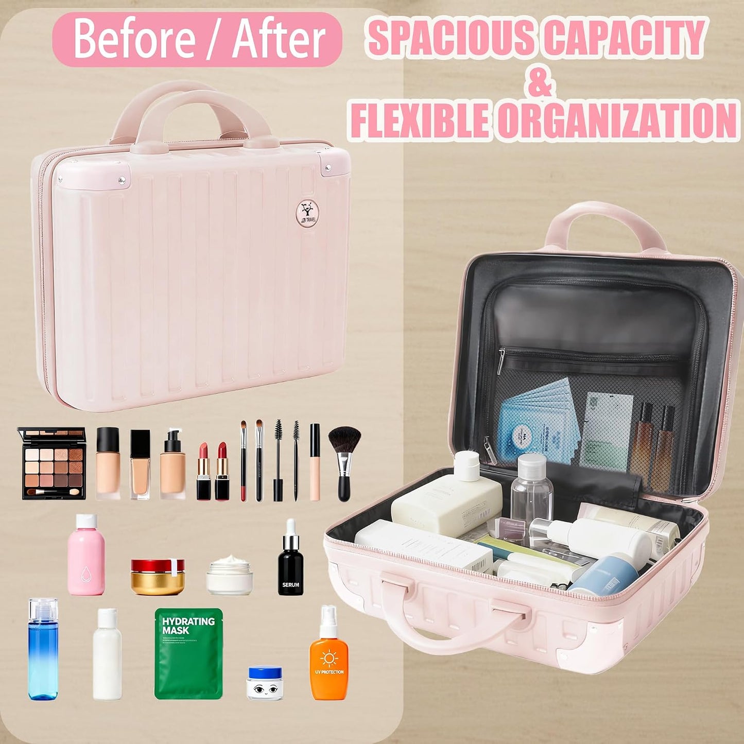 14 Inch Portable Waterproof Hard Shell Travel Makeup Case (Pink)