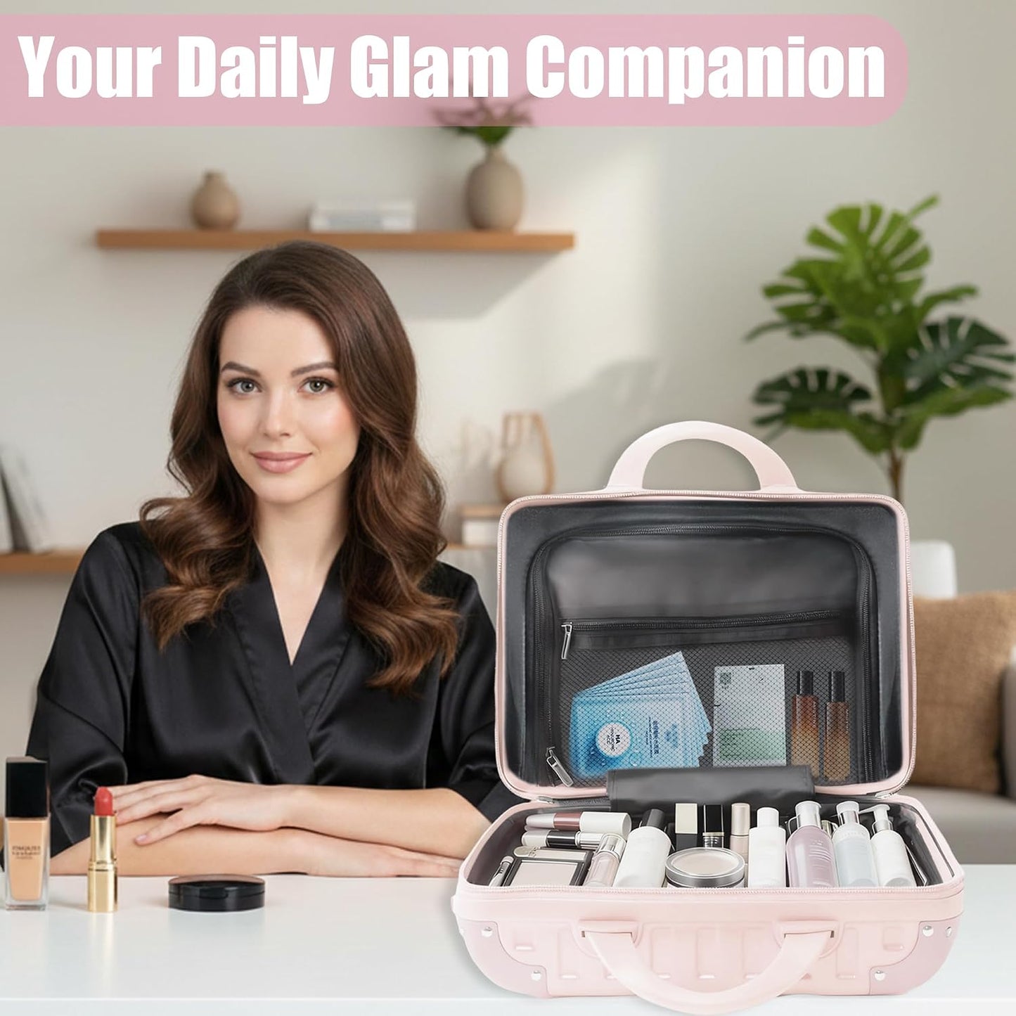 14 Inch Portable Waterproof Hard Shell Travel Makeup Case (Pink)