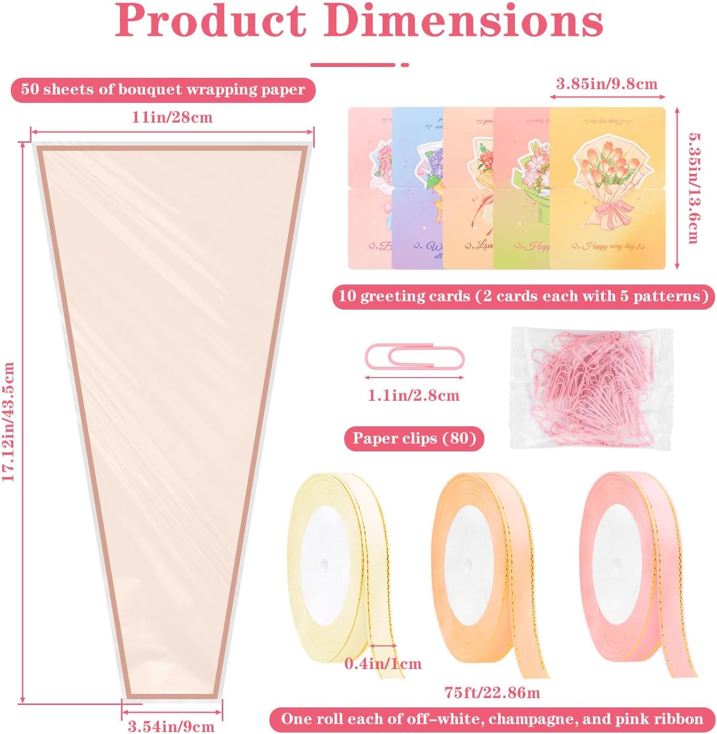 50 Pack Clear Front Flower Bouquet Sleeves with Ribbon, Card & Paper Clip, 17.1" x 11" Pink Flower Wrapping Bags, Floral Packing Sleeve for Graduation Wedding Florist Wrap Supplies