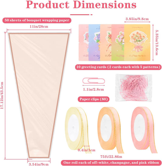 50 Pack Clear Front Flower Bouquet Sleeves with Ribbon, Card & Paper Clip, 17.1" x 11" Pink Flower Wrapping Bags, Floral Packing Sleeve for Graduation Wedding Florist Wrap Supplies