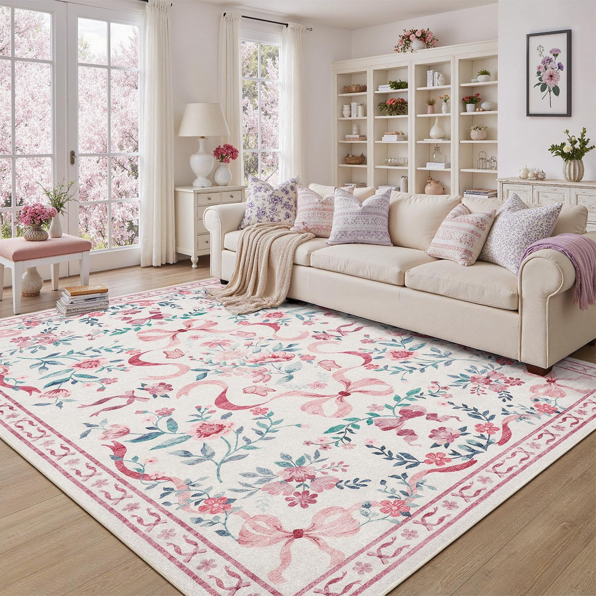 DCX Washable 8x10 Bow Rug, Pink Floral Rug for Girls’ Bedroom, Cute Soft Low Pile Indoor Décor Carpet, Kid & Pet Friendly Nursery Rug for Living Room, Dorm, Playroom