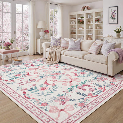 DCX Washable 8x10 Bow Rug, Pink Floral Rug for Girls’ Bedroom, Cute Soft Low Pile Indoor Décor Carpet, Kid & Pet Friendly Nursery Rug for Living Room, Dorm, Playroom