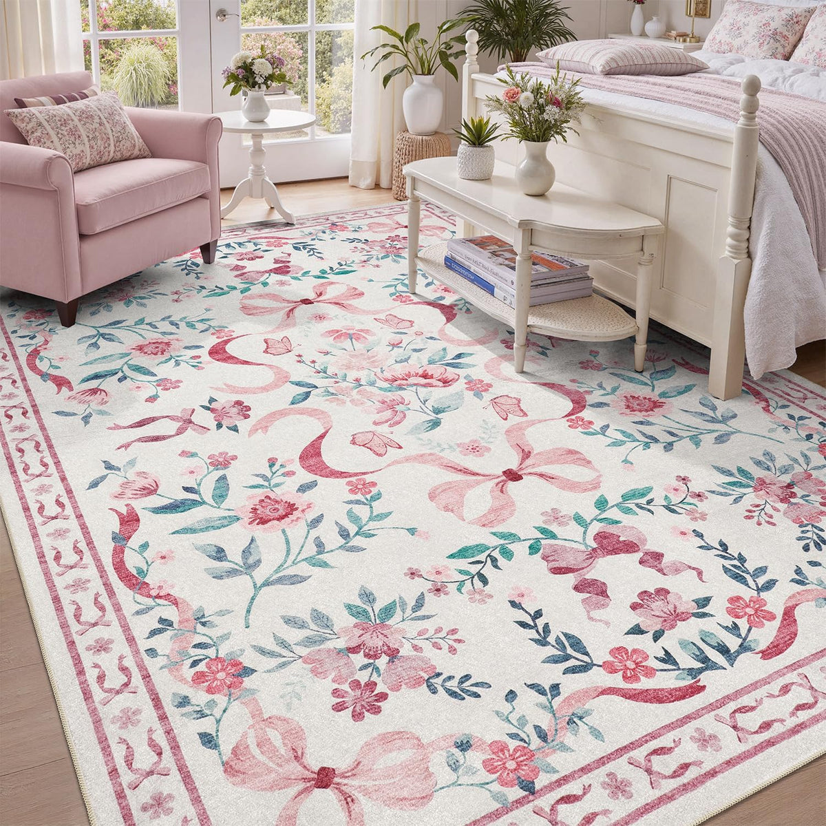 DCX Washable 8x10 Bow Rug, Pink Floral Rug for Girls’ Bedroom, Cute Soft Low Pile Indoor Décor Carpet, Kid & Pet Friendly Nursery Rug for Living Room, Dorm, Playroom