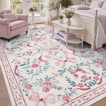 DCX Washable 8x10 Bow Rug, Pink Floral Rug for Girls’ Bedroom, Cute Soft Low Pile Indoor Décor Carpet, Kid & Pet Friendly Nursery Rug for Living Room, Dorm, Playroom