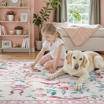 DCX Washable 8x10 Bow Rug, Pink Floral Rug for Girls’ Bedroom, Cute Soft Low Pile Indoor Décor Carpet, Kid & Pet Friendly Nursery Rug for Living Room, Dorm, Playroom