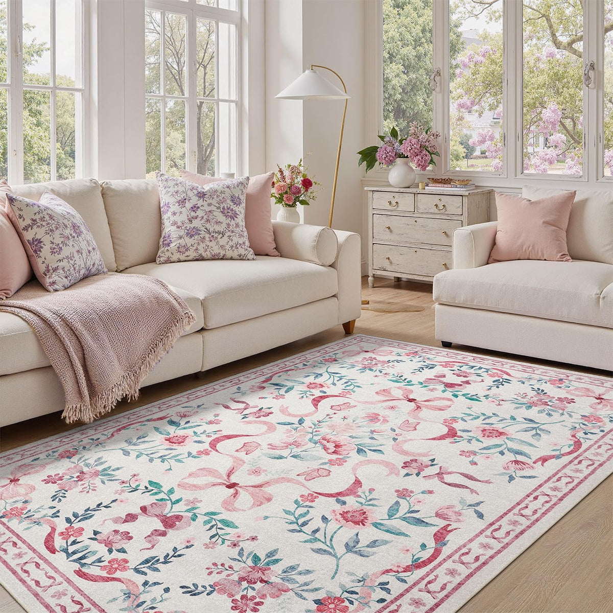 DCX Washable 8x10 Bow Rug, Pink Floral Rug for Girls’ Bedroom, Cute Soft Low Pile Indoor Décor Carpet, Kid & Pet Friendly Nursery Rug for Living Room, Dorm, Playroom