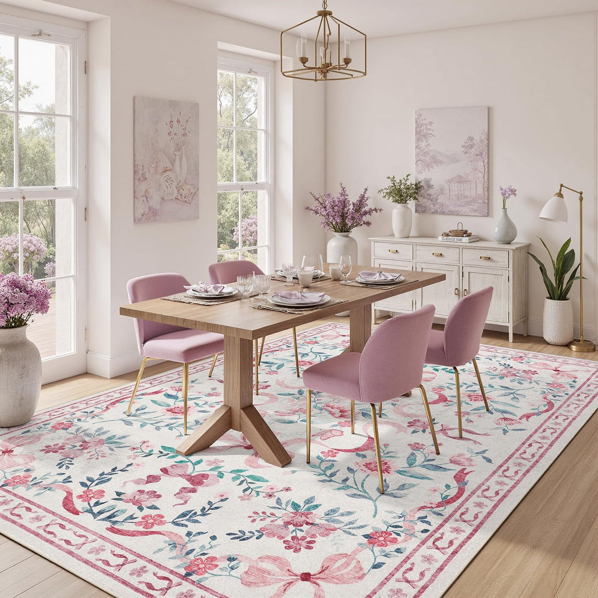 DCX Washable 8x10 Bow Rug, Pink Floral Rug for Girls’ Bedroom, Cute Soft Low Pile Indoor Décor Carpet, Kid & Pet Friendly Nursery Rug for Living Room, Dorm, Playroom