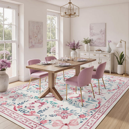 DCX Washable 8x10 Bow Rug, Pink Floral Rug for Girls’ Bedroom, Cute Soft Low Pile Indoor Décor Carpet, Kid & Pet Friendly Nursery Rug for Living Room, Dorm, Playroom