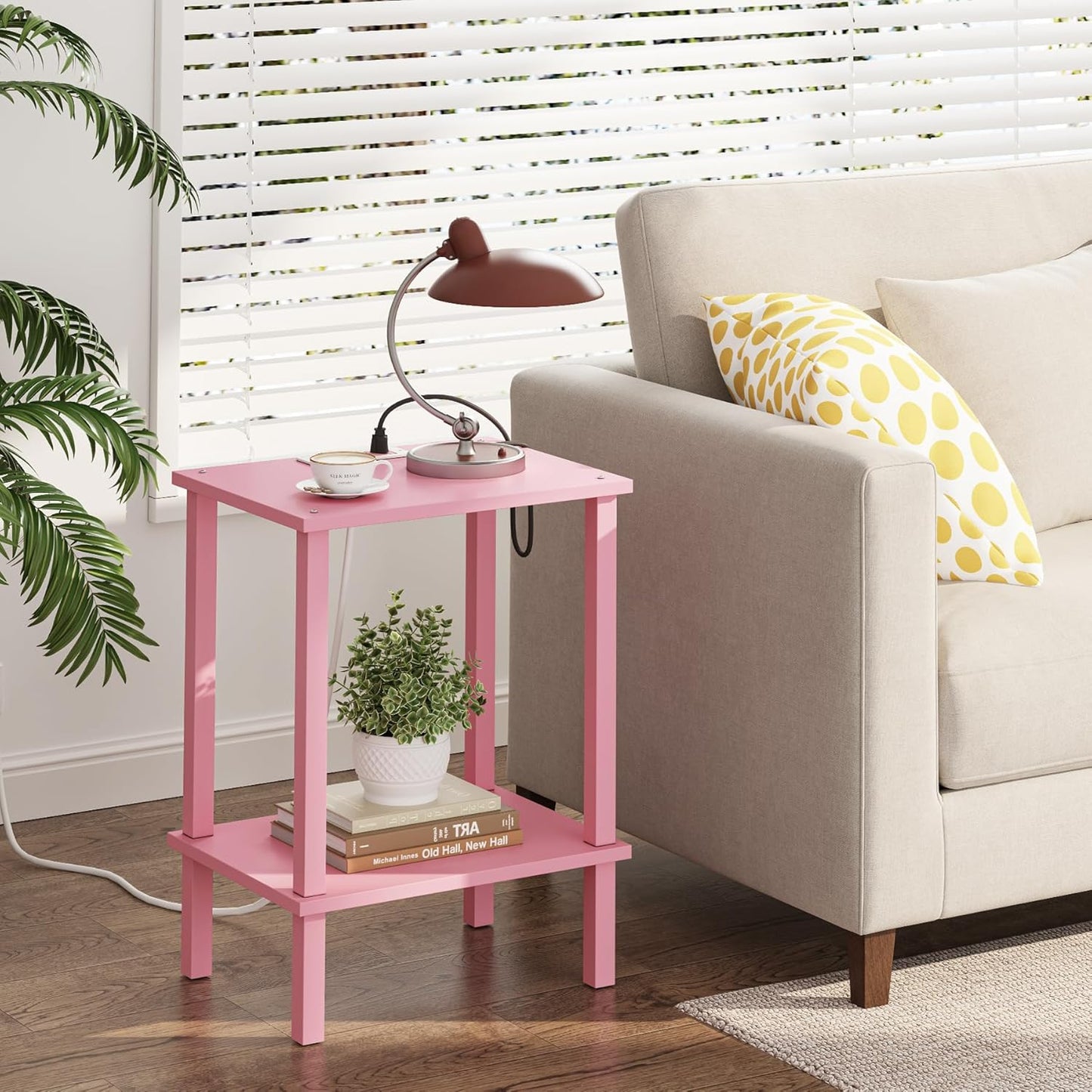 TUTOTAK End Table with Charging Station, Small Side Table with Outlets, Nightstand Bedside Table, 2-Tier Storage Shelf for Small Space, Living Room, Bedroom, Pink TB01BP040