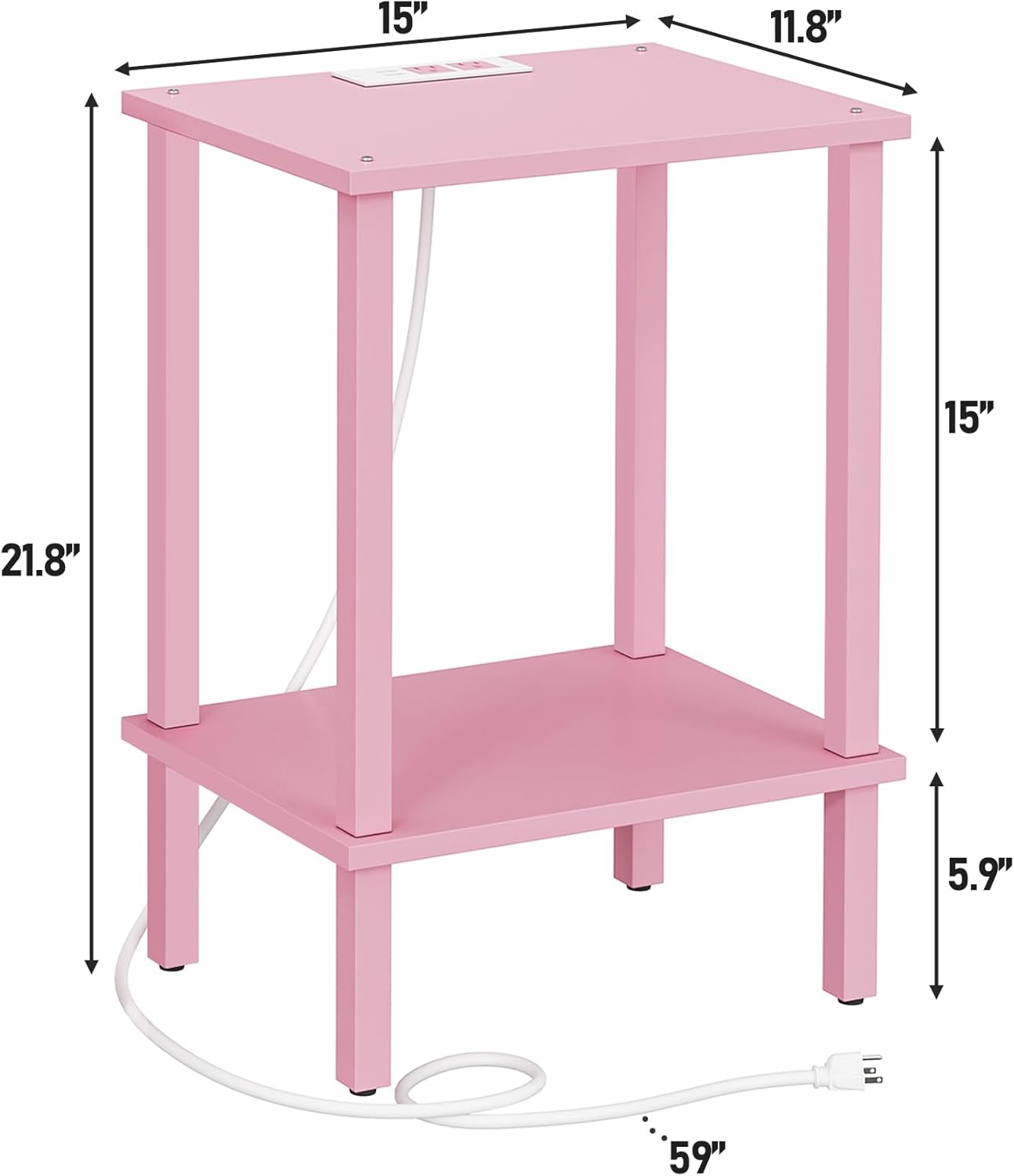 TUTOTAK End Table with Charging Station, Small Side Table with Outlets, Nightstand Bedside Table, 2-Tier Storage Shelf for Small Space, Living Room, Bedroom, Pink TB01BP040
