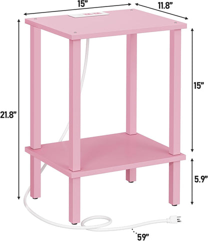 TUTOTAK End Table with Charging Station, Small Side Table with Outlets, Nightstand Bedside Table, 2-Tier Storage Shelf for Small Space, Living Room, Bedroom, Pink TB01BP040