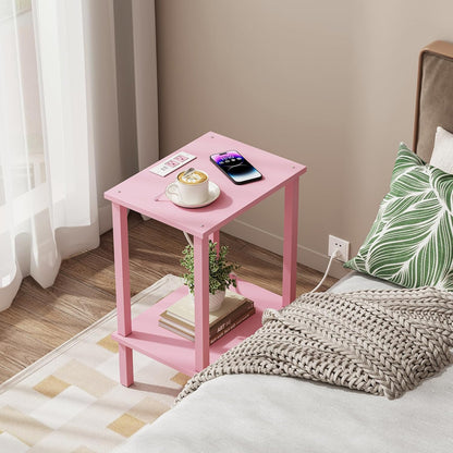 TUTOTAK End Table with Charging Station, Small Side Table with Outlets, Nightstand Bedside Table, 2-Tier Storage Shelf for Small Space, Living Room, Bedroom, Pink TB01BP040