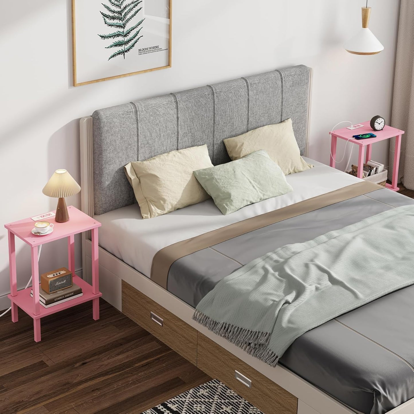 TUTOTAK End Table with Charging Station, Small Side Table with Outlets, Nightstand Bedside Table, 2-Tier Storage Shelf for Small Space, Living Room, Bedroom, Pink TB01BP040