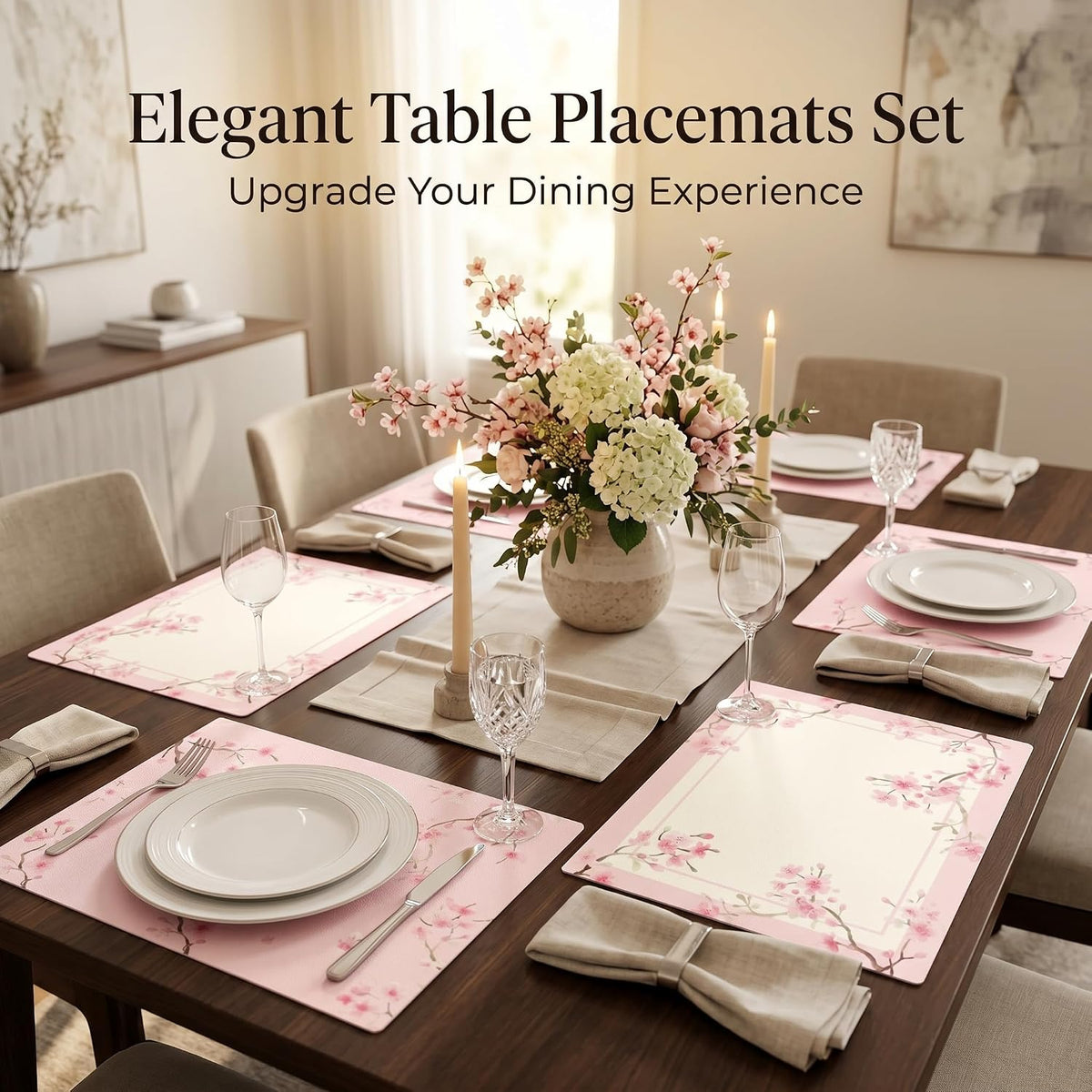 Woven Vinyl Placemats Set of 4, Cherry Blossom Floral Table Mats